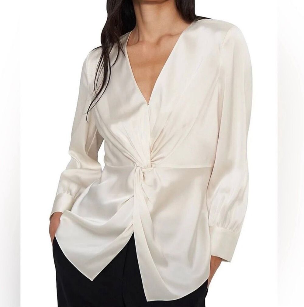 Theory $325 Soft Satin Long Sleeve V-Neck Twist Front Cream Blouse Size 0 NWT